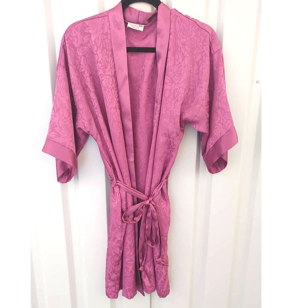 Violets & Roses Robe Satin One Size Inner & Outer Tie Pockets Midi Length